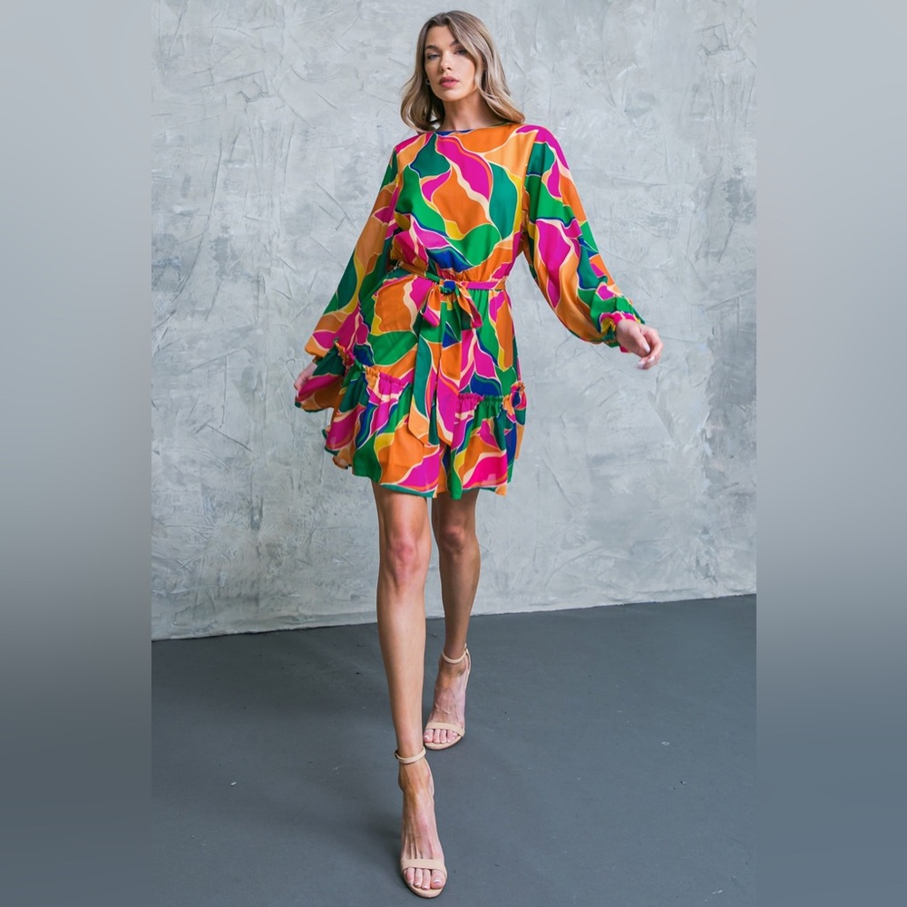 Flying Tomato Bold Wave Print Mini Dress in Green & Pink - Picture 2 of 5